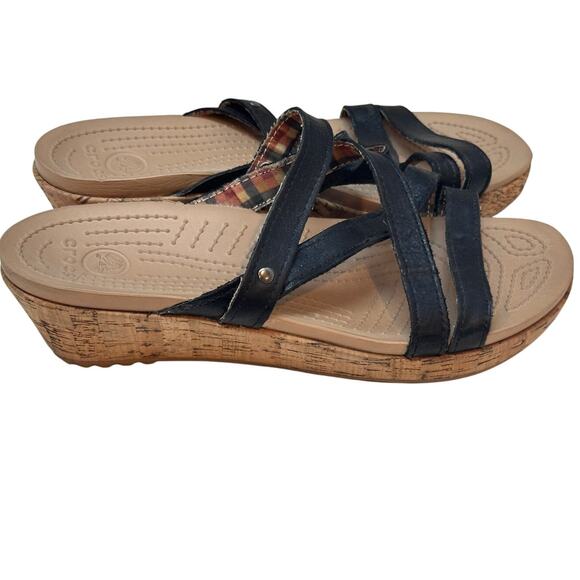 Women’s Black Strappy Wedge Sandals Slip-On Comfort Cork Platform 2.5” Heel - Picture 1 of 6